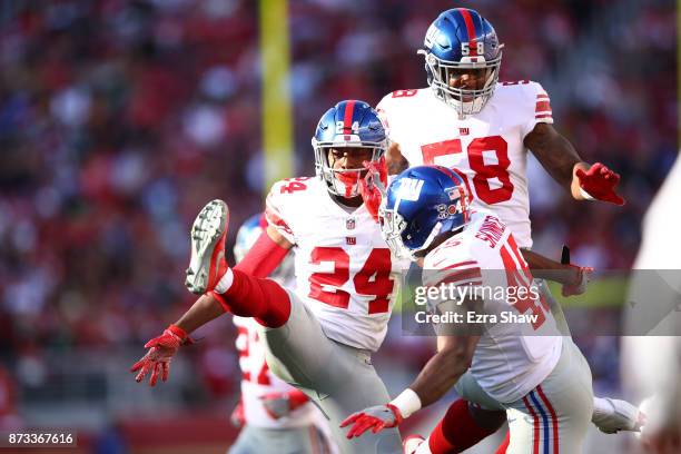Eli Apple of the New York Giants reacts to a play against the San Francisco 49ers during their NFL game at Levi's Stadium on November 12, 2017 in...