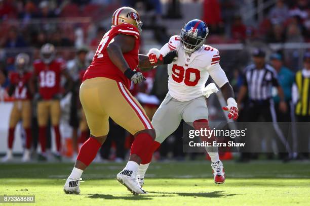 Jason Pierre-Paul of the New York Giants rushes against Trent Brown of the San Francisco 49ers during their NFL game at Levi's Stadium on November...