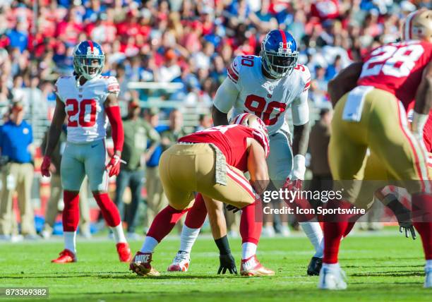 New York Giants defensive end Jason Pierre-Paul gets set to charge the ball handler during the regular season game between the San Francisco 49ers...