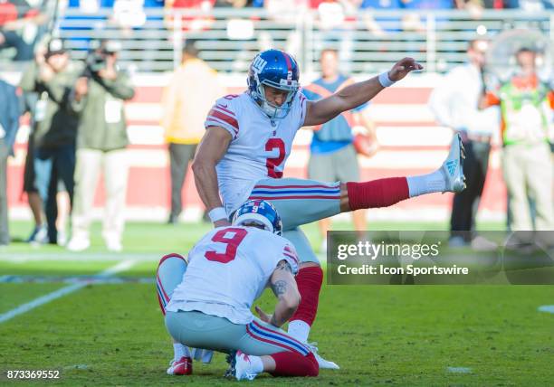 New York Giants kicker Aldrick Rosas follows through on a on a extra point kick during the regular season game between the San Francisco 49ers and...