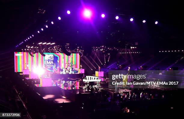 General view of the stage ahead of the MTV EMAs 2017 on November 12, 2017 in London, England. The MTV EMAs 2017 is held at The SSE Arena, Wembley on...