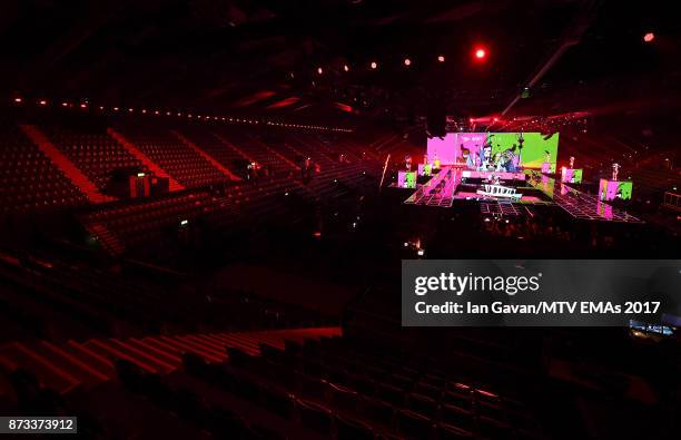 General view of the stage ahead of the MTV EMAs 2017 on November 12, 2017 in London, England. The MTV EMAs 2017 is held at The SSE Arena, Wembley on...