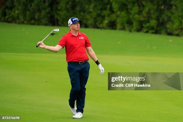 Martin Piller of the United States reacts on the 14th hole during the final round of the OHL Classic at Mayakoba on November 12, 2017 in Playa del...