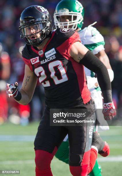 November 12: Jean-Philippe Bolduc of the Ottawa Redblacks plays on special teams against the Saskatchewan Roughriders in Canadian Football League...