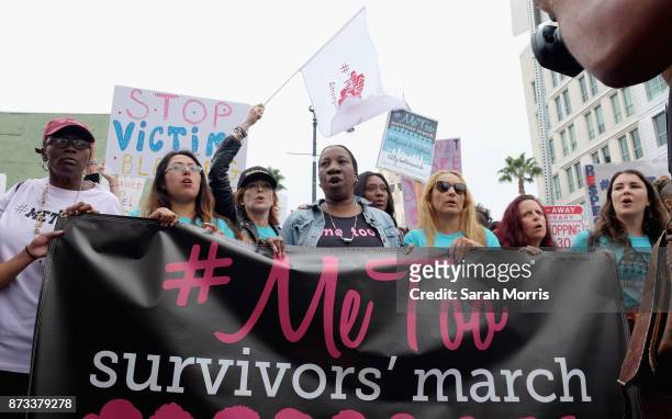 March organizer Brenda Gutierrez, actress Frances Fisher and activist and #MeToo campaign founder Tarana Burke participate in the Take Back The...