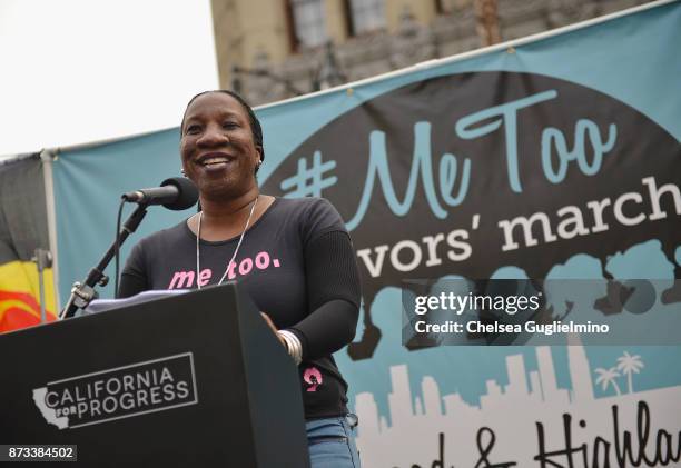 Activist Tarana Burke, the original creator of the "Me Too" hashtag, speaks at the #MeToo Survivors March & Rally on November 12, 2017 in Hollywood,...