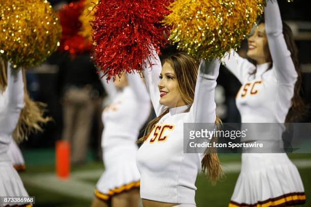 Cheerleaders cheer on the team during the Colorado Buffalos game versus the USC Trojans on November 11 at Folsom Field in Boulder, Co. USC won the...