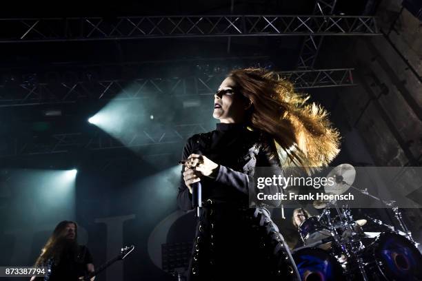 Singer Simone Simons of the Dutch band Epica performs live on stage during a concert at the Kesselhaus on November 12, 2017 in Berlin, Germany.