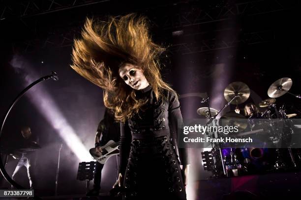 Singer Simone Simons of the Dutch band Epica performs live on stage during a concert at the Kesselhaus on November 12, 2017 in Berlin, Germany.