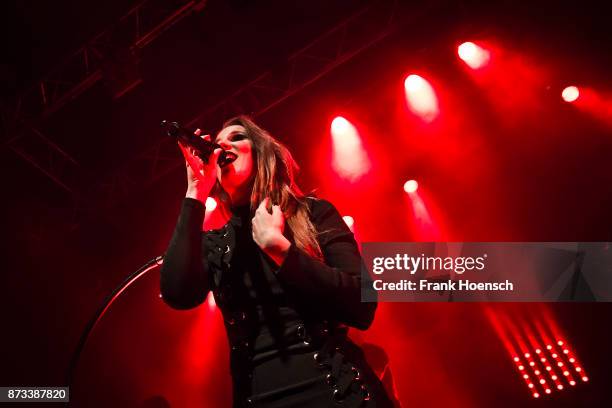 Singer Simone Simons of the Dutch band Epica performs live on stage during a concert at the Kesselhaus on November 12, 2017 in Berlin, Germany.