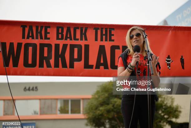 Reporter Lauren Sivan speaks at the Take Back The Workplace March on November 12, 2017 in Hollywood, California.