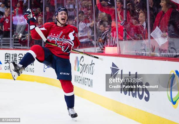 Dmitry Orlov of the Washington Capitals celebrates after scoring a goal against the Edmonton Oilers in the third period at Capital One Arena on...