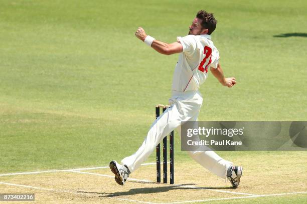 Chadd Sayers of South Australia bowls during day one of the Sheffield Shield match between Western Australia and South Australia at WACA on November...