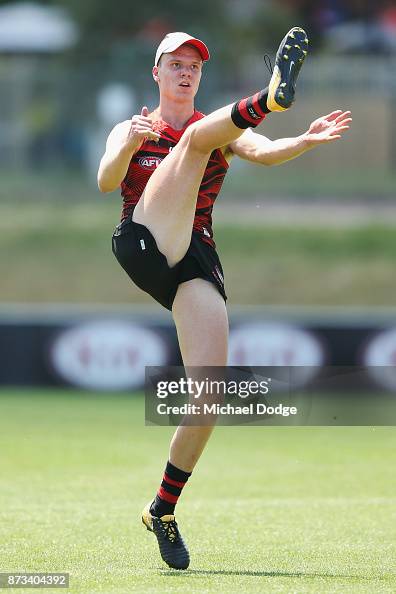 Jordan Ridley of Essendon kicks the ball during an Essendon Bombers ...