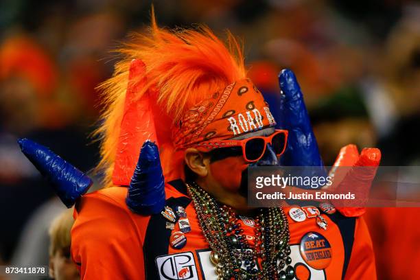 Colorful Denver Broncos fan watches a game between the Denver Broncos and the New England Patriots at Sports Authority Field at Mile High on November...