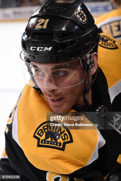 Jordan Szwarz of the Boston Bruins watches from the bench against the Toronto Maple Leafs at the TD Garden on November 11, 2017 in Boston,...