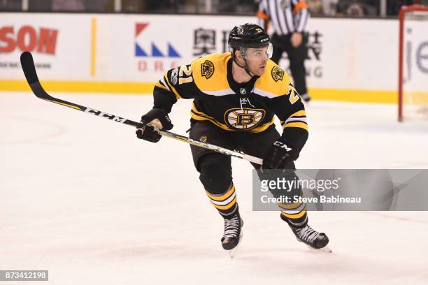 Jordan Szwarz of the Boston Bruins skates against the Toronto Maple Leafs at the TD Garden on November 11, 2017 in Boston, Massachusetts.
