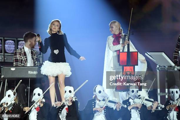 Zara Larsson performs on stage with Grace Chatto of Clean Bandit during the MTV EMAs 2017 held at The SSE Arena, Wembley on November 12, 2017 in...