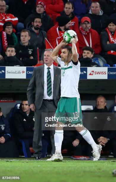 Coach of Northern Ireland Michael O'Neill, Aaron Hughes of Northern Ireland during the FIFA 2018 World Cup Qualifier Play-Off: Second Leg between...