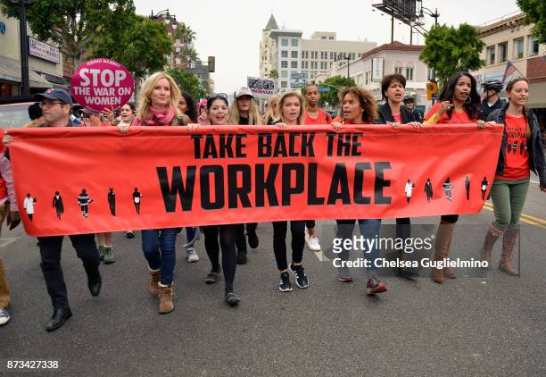 Beth Littleford, Lauren Sivan, Tess Rafferty, Connie Leyva and Areva Martin seen at the Take Back The Workplace March on November 12, 2017 in...