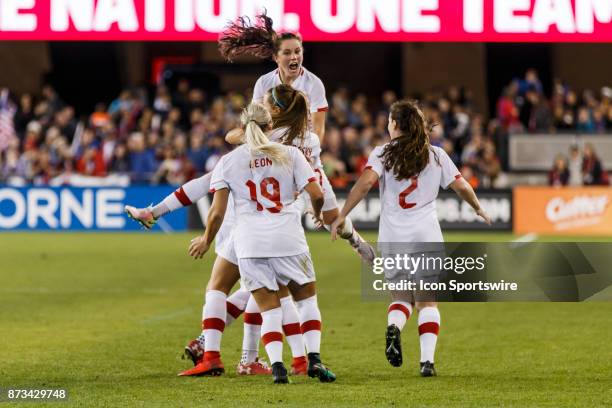 Canadian team celebrate Forward Janine Beckie's goal during the second half of the international friendly game between US Women's National team and...