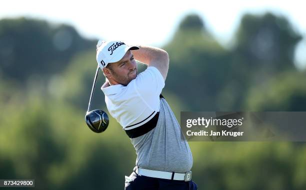 Max Orrin of England in action during the second round of the European Tour Qualifying School Final Stage at Lumine Golf Club on November 12, 2017 in...