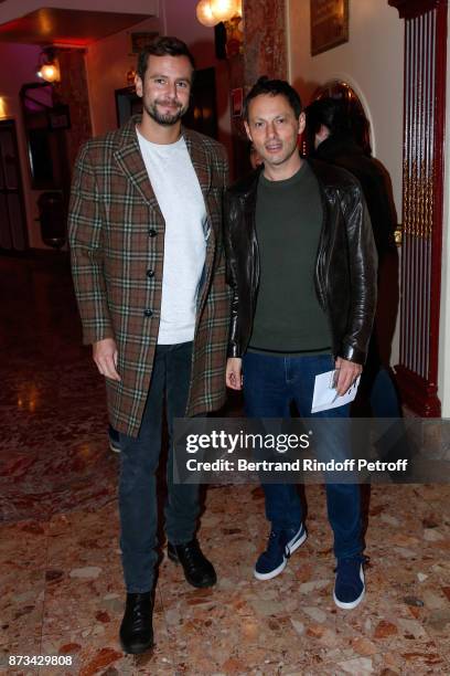 Marc-Olivier Fogiel and his husband Francois Roelants attend "Depardieu Chante Barbara" at "Le Cirque D'Hiver" on November 11, 2017 in Paris, France.