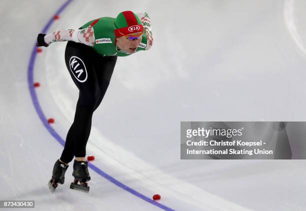 Marina Zueva of Belarus competes during the ladies 3000m Division A race on Day Three during the ISU World Cup Speed Skating at the Thialf on...
