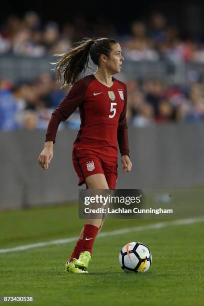 Kelley O'Hara of the United States in action during a friendly match against Canada at Avaya Stadium on November 12, 2017 in San Jose, California.