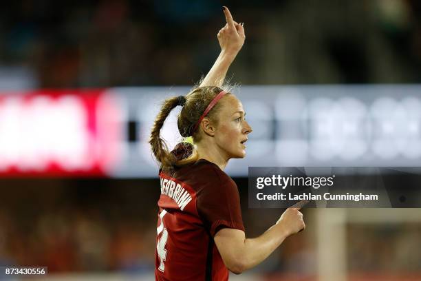 Becky Sauerbrunn of the United States gives directions to teammates during a friendly match against Canada at Avaya Stadium on November 12, 2017 in...