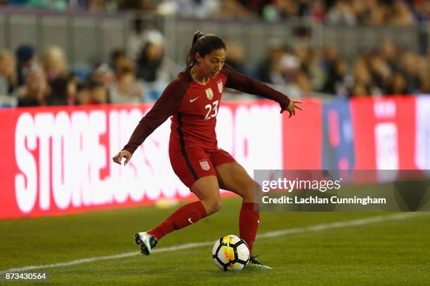 Christen Press of the United States in action during a friendly match against Canada at Avaya Stadium on November 12, 2017 in San Jose, California.