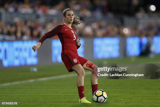 Kelley O'Hara of the United States in action during a friendly match against Canada at Avaya Stadium on November 12, 2017 in San Jose, California.