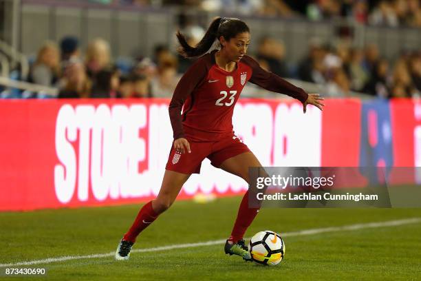 Christen Press of the United States in action during a friendly match against Canada at Avaya Stadium on November 12, 2017 in San Jose, California.