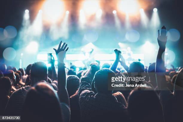 arms raised concert - cheering crowd stockfoto's en -beelden
