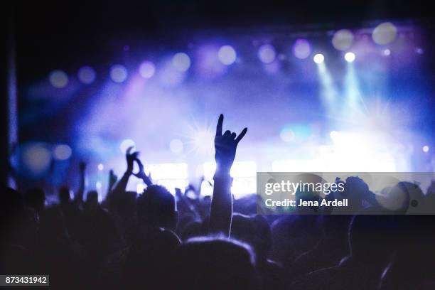 rock hands in air at concert - horn sign stock pictures, royalty-free photos & images