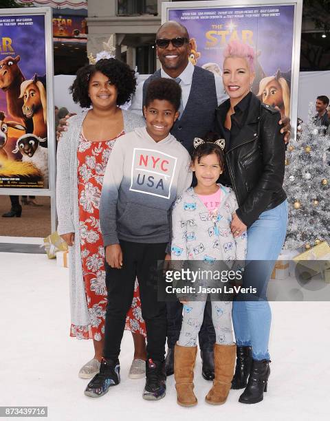 Actor Terry Crews, wife Rebecca King-Crews and children attend the premiere of "The Star" at Regency Village Theatre on November 12, 2017 in...