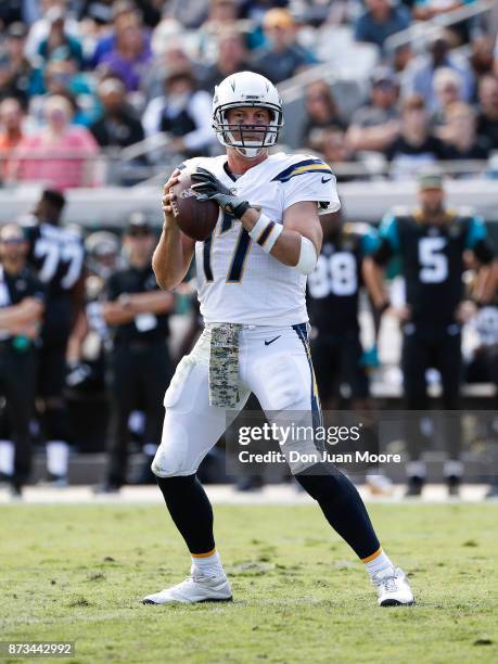 Quarterback Philip Rivers of the Los Angeles Chargers on a passing play during the game against the Jacksonville Jaguars at EverBank Field on...