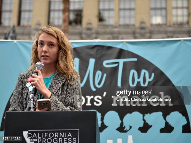 Activist Chelsea Byers speaks at the #MeToo Survivors March & Rally on November 12, 2017 in Hollywood, California.