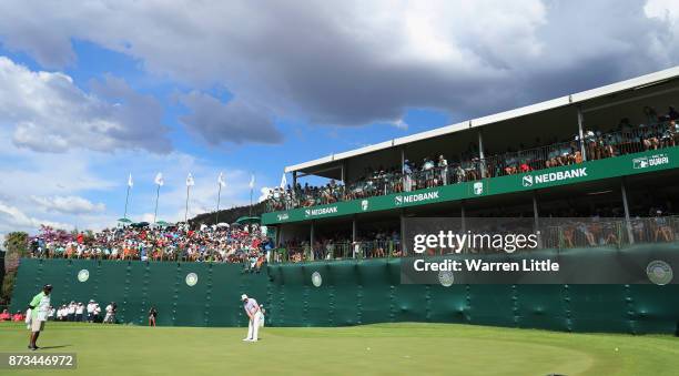 Branden Grace of South Africa putts on the 18th green en route to winning the Nedbank Golf Challenge at Gary Player CC on November 12, 2017 in Sun...