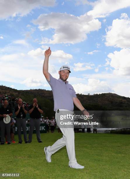 Branden Grace of South Africa celebrates winning the Nedbank Golf Challenge at Gary Player CC on November 12, 2017 in Sun City, South Africa.