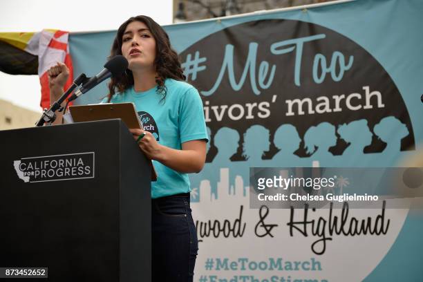 Activist and actress Estefania Rebellon speaks at the #MeToo Survivors March & Rally on November 12, 2017 in Hollywood, California.