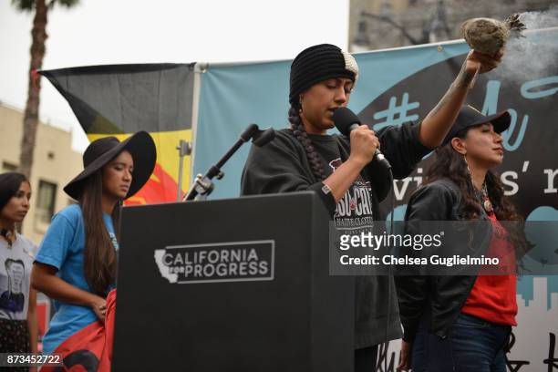 Activists speak at the #MeToo Survivors March & Rally on November 12, 2017 in Hollywood, California.