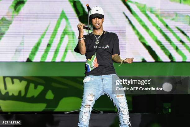 Recipient of the of Best Southern African Best Male Artist, South African rap singer Emtee performs during the All Africa Music Awards in Lagos on...