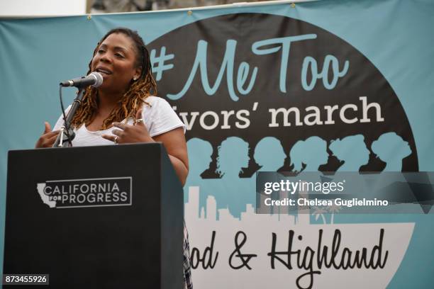 Activist Jasmyne Cannick speaks at the #MeToo Survivors March & Rally on November 12, 2017 in Hollywood, California.