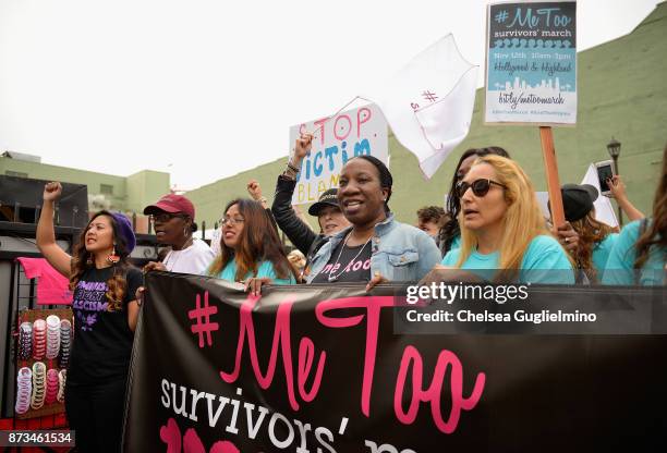 Brenda Gutierrez, Frances Fisher and Tarana Burke seen at Take Back The Workplace March And #MeToo Survivors March & Rally on November 12, 2017 in...