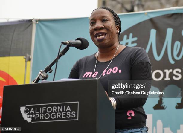 Activist Tarana Burke speaks at the #MeToo Survivors March & Rally on November 12, 2017 in Hollywood, California.