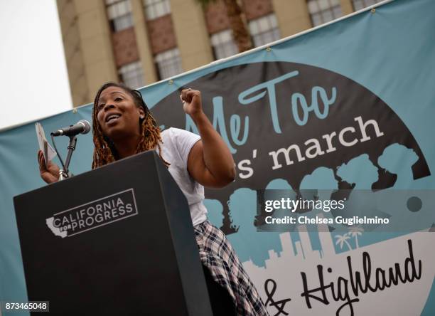 Activist Jasmyne Cannick speaks at the #MeToo Survivors March & Rally on November 12, 2017 in Hollywood, California.
