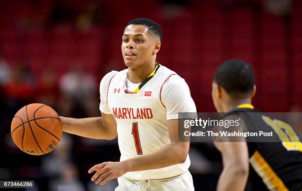 Maryland Terrapins Anthony Cowan Jr. Heads up court against the Randolph-Macon Yellow Jackets in the first half at Xfinity Center November 02, 2017...