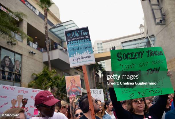 Participants seen at the #MeToo Survivors March & Rally on November 12, 2017 in Hollywood, California.