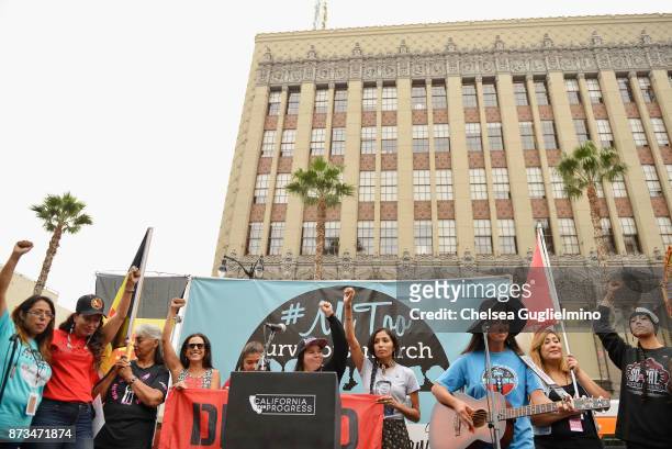 Participants seen at the #MeToo Survivors March & Rally on November 12, 2017 in Hollywood, California.